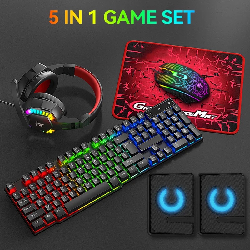 Gaming Keyboard And Mouse Set - ชุดคอมโบเกมมิ่ง 5-in-1 ประกอบด้วยคีย์บอร์ด ไฟหายใจ 4 สี