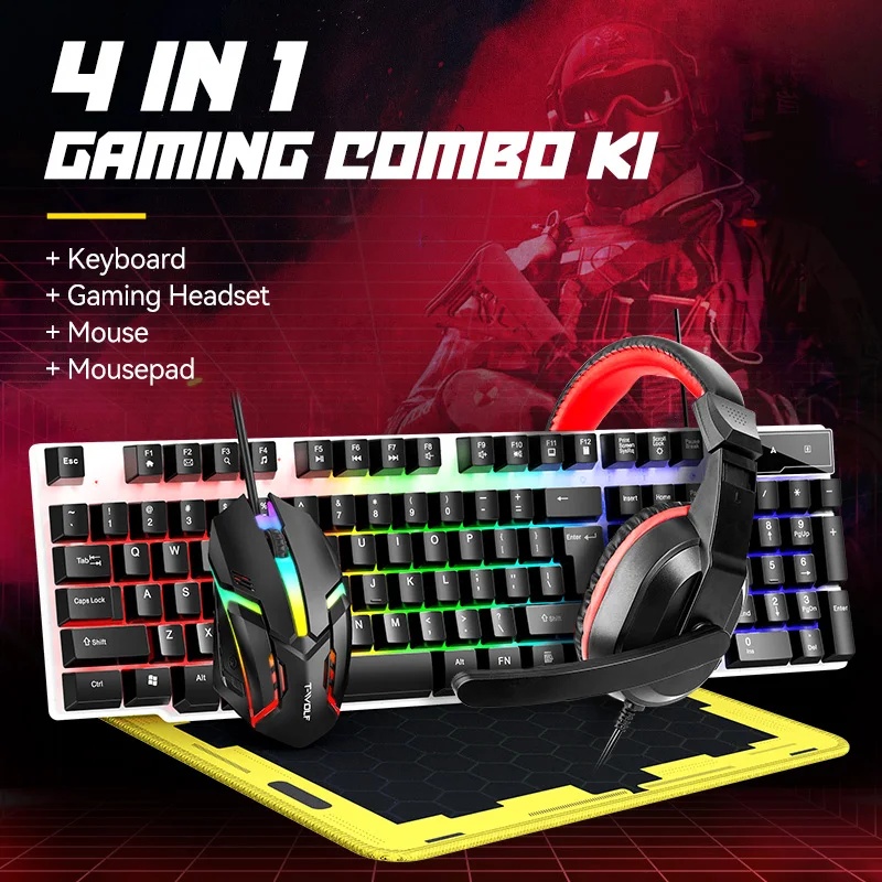 Gaming Keyboard And Mouse Set - ชุดคีย์บอร์ดและเมาส์ USB ใหม่สำหรับเล่นเกม 4 in 1